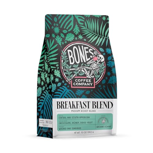 Bones Coffee Company Breakfast Blend Coffee Beans, Whole Bean Coffee Medium Roast Low Acid (12 oz)