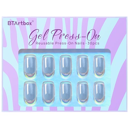BTArtbox Press On Nails Short - Square Press On Nails, Blue Glossy Nail Tips Glue On Nails with Nail Glue, Reusable Stick On Nails in 15 Sizes - 30 Soft Gel Fake Nails Kit, Ocean Glazed