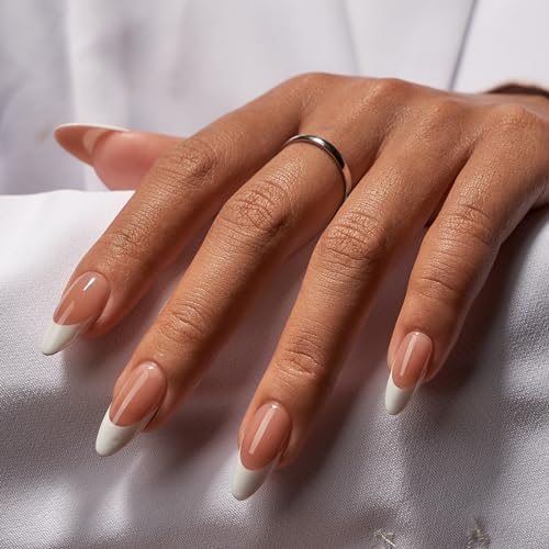 BTArtbox French Tip Press On Nails - Medium Press On Nails Almond, Natural Fake Nail with Nail Glue, Brown Glue On Nails in 15 Sizes - 30 Fake Nails Kit