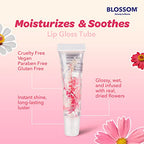 Blossom Moisturizing Lip Gloss Tubes, Roll on Perfume Oil, Natural Essential Oils, Scented pH Color Change Lip Balm with Real Flowers, 0.7 fl. oz/15mL, 3 Pack Gift Set, Cherry/Honey Jasmine/Turquoise