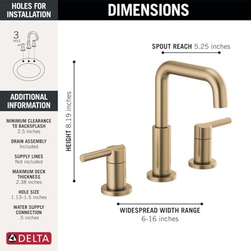 Delta Faucet Nicoli Widespread Bathroom Faucet 3 Hole, Gold Bathroom Sink Faucet, Drain Assembly, Champagne Bronze 35849LF-CZ