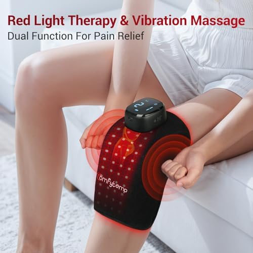 Comfytemp 3D Red Light Therapy Knee Wrap with Vibration Massage, Cordless 5000mAh Heated Knee Massager for Pain Relief, Portable Ergonomic 660nm&850nm Near Infrared Light Brace for Knee Joint