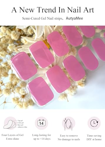 Semi Cured Gel Nail Strips (Dark Pink)-20 PCS Jelly Pink Gel Nail Stickers | UV Light Required | Gel Nail Wraps, Salon Quality & Easy to Use