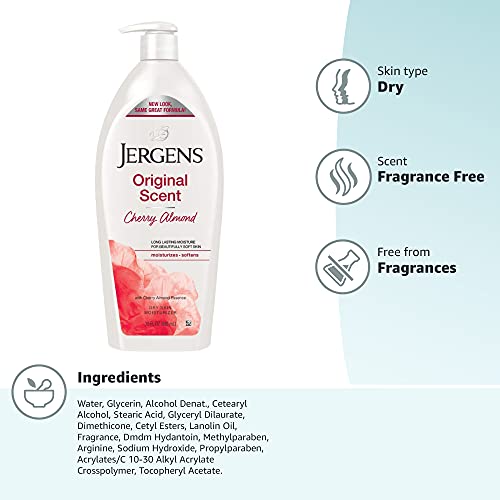 Jergens Original Scent Dry Skin Lotion, Body and Hand Moisturizer for Long Lasting Skin Hydration, with HYDRALUCENCE blend and Cherry Almond Essence, 32 Ounce (Pack of 2)