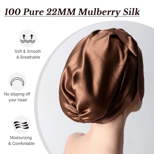 22 Momme 100% Mulberry Silk Sleep Cap for Women, Pure Mulberry Hair Bonnet, Anti-Frizz Head Wrap with Elastic Stay On Head, Dark Brown