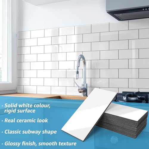 Art3d 102-Piece Peel and Stick Wall Tile for Kitchen Backsplash, Bathroom, Fireplace, 3in. × 6in. Stick on Subway Tile, Glossy White