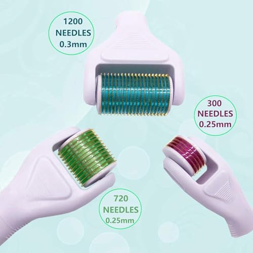 Derma Roller for Face and Body - Angel Kiss 4 in 1 Titanium Microneedling Roller Kit Micro Needle Microneedle Roller, 300 and 720 Needles 0.25mm,1200 Needle 0.3mm