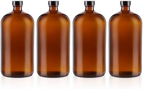 4 Pack 32 oz Amber Boston Round with Black Poly Cone Cap,Reusable Brown Glass Bottles for Secondary Kombucha Fermentation,Homemade Essential Oils,Lab Chemicals