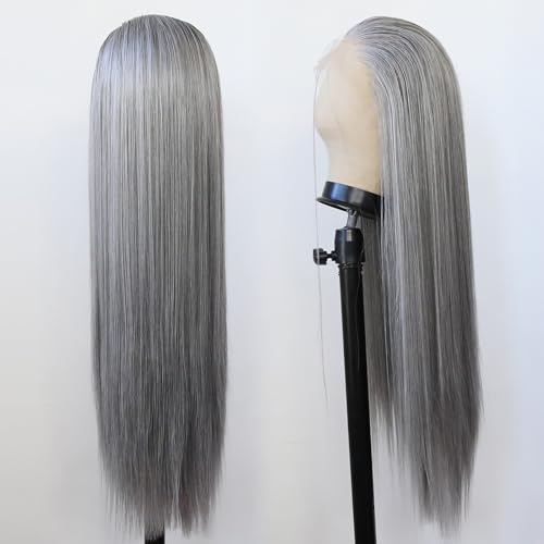 BTWTRY Gray Wig Long Straight Grandma Grey Synthetic Lace Front Wigs Pre Plucked Natural Hairline for Black Women Heat Resistant Fiber Hair Cosplay Daily Wear Wig (Grandma Grey)