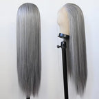BTWTRY Gray Wig Long Straight Grandma Grey Synthetic Lace Front Wigs Pre Plucked Natural Hairline for Black Women Heat Resistant Fiber Hair Cosplay Daily Wear Wig (Grandma Grey)