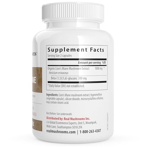 Real Mushrooms Lion’s Mane Capsules - Organic Lions Mane Mushroom Extract for Cognitive Function & Immune Support - Brain Supplements for Memory and Focus - Vegan Mushroom Supplement, 300 Caps