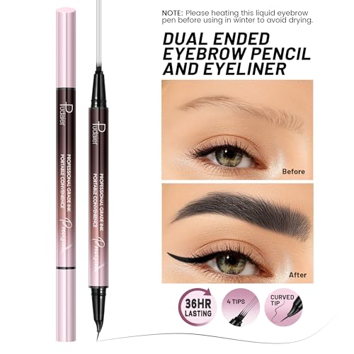 2 Pack Curved Eyebrow Pen, 2 in 1 Dual Ended Microblading Eyebrow Pencils for Women, Waterproof and Last All Day 4 Tip Brow Pencil with Precise Tip for Natural and Hair Like Brows (Natural Black)