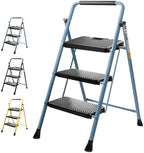 TICONN 3 Step Ladder, Heavy Duty Foldable Step Stool, Portable Steel Folding Stool for Household Garage Storage (Blue)