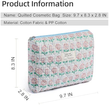 Gleyemor Quilted Makeup Bag for Women, Cute Floral Cotton Cosmetic Bag, Travel Toiletry Bag Period Bag Essentials Bag Gifts for Her Mom Friend Sister Bridesmaid (Tulip)