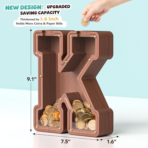 Summidate Wooden Letter Piggy Bank, Extra Thick Large Capacity Piggy Bank for Kids Boys Girls Toddler, Alphabet K Money Bank| Coin Box Birthday, Christmas, Festival