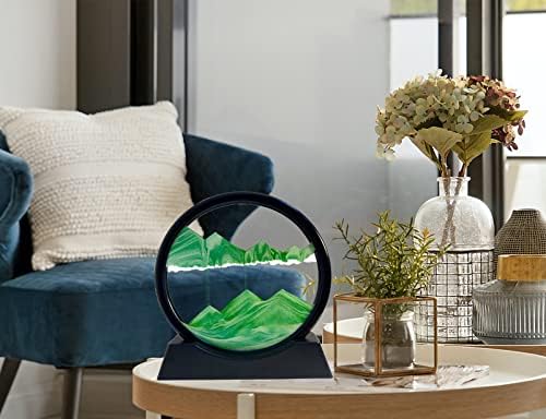 Moving Sand Art Liquid Motion - Moving Sand Art Picture Decor 3D Deep Sea Sandscape, Round Glass Frame Display Flowing Sand Relaxing Toy for Desktop Home Office Work Decoration(Green, 12")