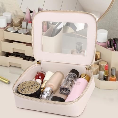 Clear Makeup Bag for Women Waterproof Travel Cosmetics and Toiletries Case Portable Makeup Oaganizer Bag Clear Car Bag with Zipper (Beige, M)