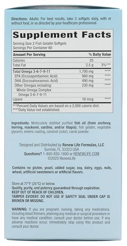 Renew Life Norwegian Gold Critical Omega Softgels, Daily Supplement Supports Heart, Brain and Joint Health, EPA and DHA Omega-3 Fish Oil, Dairy and gluten-free, 850 Mg 120 Count