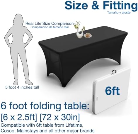 Urby Elastic Table Clothes for 6 Foot Rectangle Tables Fits 6ft Folding Tables from Lifetime, COSCO, Mainstays and Others. Heavy-Duty Stretchy Wrinkle Resistant Spandex. Black 2 Pack.