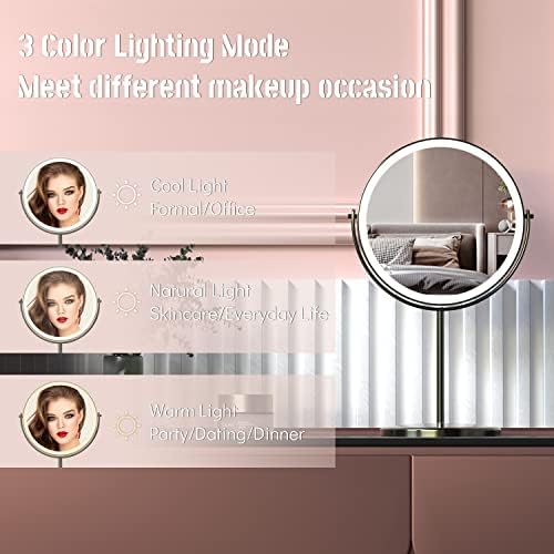 8" Lighted Makeup Mirror with Magnification, 1X/10X Magnifying Lighted Vanity Mirror, Double Sided 360 Swivel USB Rechargeable, 3 Colors Dimmable Lightning Mirror with 52 LEDs Brush Nickle