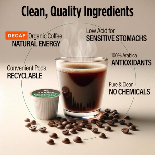 VitaCup Organic Perfect Dark Roast Decaf Coffee Pod for Pure & Clean Energy, Antioxidants, Low Acid, Peru Single Origin in Recyclable Single Serve Pod compatible w/Keurig K-Cup Brewers,16CT