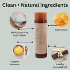 Lip Balm with Beef Tallow, Natural Essential Oils, Unscented, Organic (Vanilla)