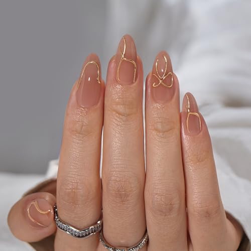 BTArtbox Press On Nails Almond - Press On nails with 3D Gold Lines Design, Medium Glue On Nails with Nail Glue, Gold Swirl Stick On Nails in 15 Sizes, Radiant Ribbons