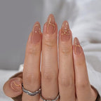 BTArtbox Press On Nails Almond - Press On nails with 3D Gold Lines Design, Medium Glue On Nails with Nail Glue, Gold Swirl Stick On Nails in 15 Sizes, Radiant Ribbons
