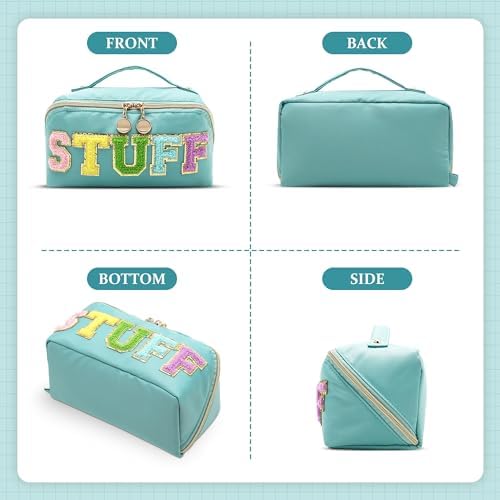 Stoney Clover Preppy Makeup Bag, Large Capacity Travel Cosmetic Bag, Chenille Letter Open Flat Nylon Bag, Mint