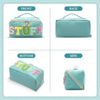 Stoney Clover Preppy Makeup Bag, Large Capacity Travel Cosmetic Bag, Chenille Letter Open Flat Nylon Bag, Mint