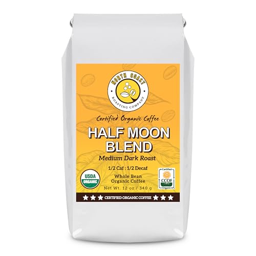 North Coast Roasting Company, Half Caff, Medium Dark Roast, Low Acid Organic Coffee, Whole Bean - 1/2 Cafeine & 1/2 Decaf. Swiss Water Process, Half Moon Blend, USDA Certified Organic Coffee Beans, 12 Ounce Bag