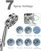 Shower Head with Handheld High Pressure Multi-Function 7 modes, Built-in Power Wash to Clear Tub, Tile & Pets, 5” High Flow Hand Held Rain Showerhead with Extra Long Hose and Adjustable Bracket