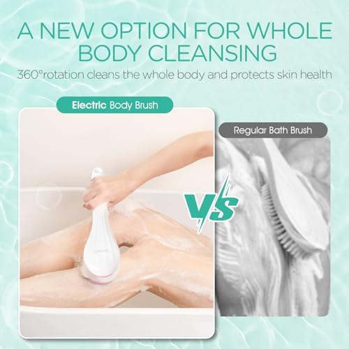 VOYOR Electric Body Brush Back Scrubber for Shower Rechargeable Exfoliating Bath Brush Powered Shower Brush with Non-Slip Long Handle Deep Cleansing, Exfoliation, Massaging Spin Brush BC100 (Pink)
