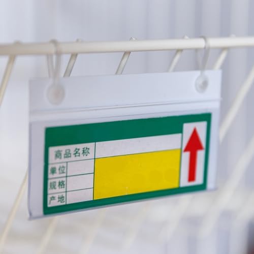 Acrux7 100 PCS Plastic Wire Shelf Label Holders 4" x 2.2" Basket Label Clips with Double Snap Lock Closure, Clear Wire Rack Label Holder Price Tag Holder for Market, Retail Shop, Pantry