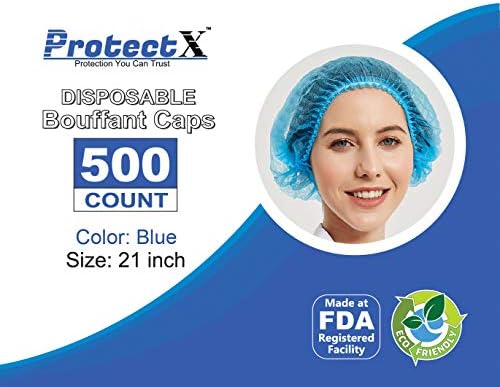 ProtectX 500-Pack Blue Disposable Hair Nets, Elastic Head Cover, Bouffant Caps, Sanitation Head Cover for Food Service, Spa Men & Women - 21 inch