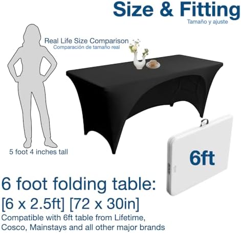 Urby Elastic Open Back Table Clothes for 6 Foot Rectangle Tables Fits 6ft Folding Tables from Lifetime, COSCO, Mainstays and Others. Heavy-Duty Stretchy Wrinkle Resistant Spandex. Black 2 Pack.