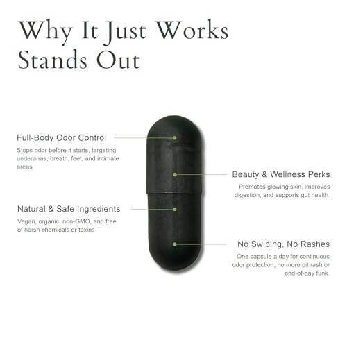 It Just Works Whole Body Natural Deodorizing Supplement for Full Freshness - Vegan & Organic Internal Deodorant for Underarms, Intimate Areas, and Private Parts, 30 Capsules