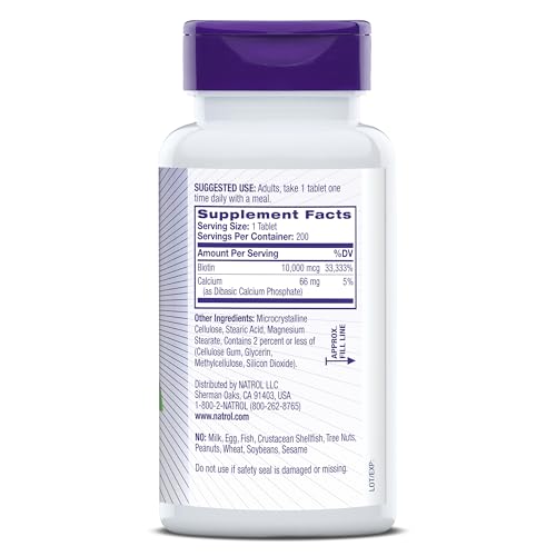 Natrol Biotin 10000mcg, Supplement for Healthy Hair, Skin and Nails for Those Low in Biotin, Plus Energy Metabolism Support, 200 Tablets, Up to a 200 Day Supply