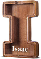Summidate Customized Name Large Wooden Piggy Bank for Kids Boys Girls Alphabets Letter A-Z Coins Bills Money Change Bank Box Initial on Clear Cover (Laser Engraved) (Alphabet-I, Personalized-12)