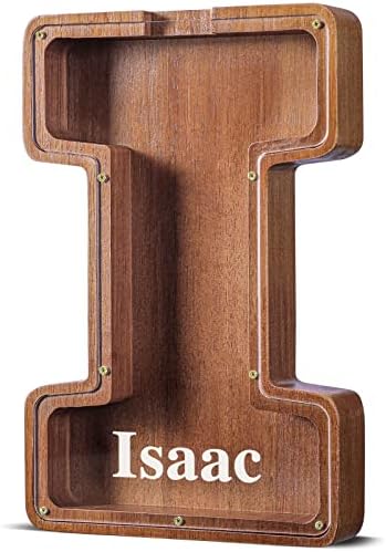Summidate Customized Name Large Wooden Piggy Bank for Kids Boys Girls Alphabets Letter A-Z Coins Bills Money Change Bank Box Initial on Clear Cover (Laser Engraved) (Alphabet-I, Personalized-12)