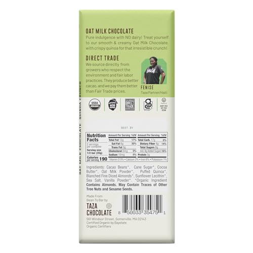 Taza Chocolate Organic Oat Milk Chocolate Bar, Quinoa Crunch, 2.5 Ounce (10 Count), Vegan