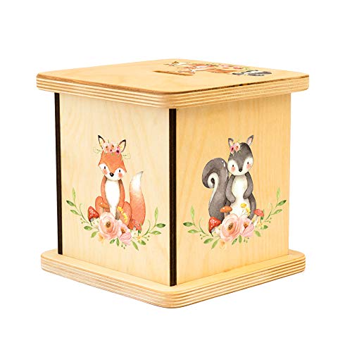 Wooden Piggy Bank for Kids and Adults, Personalized Gift Handmade in USA by BloomOwl, Custom Piggy Bank, Personalized Banks for Kids, Gifts for Baby Boys and Girls (Woodland- Girl)