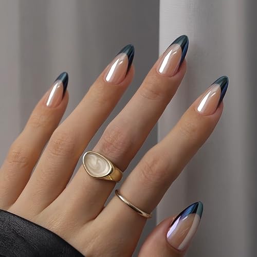 BTArtbox French Tip Press On Nails - Short Almond Press on Nails, Glue On Nails for Gift, Natural Reusable Stick On Nails in 15 Sizes - 30 Fake Nails Kit, Black Swan