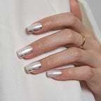 BTArtbox Press On Nails Short - White Press On Nails with 3D Sculpting Metallic Design, Square Fake Nails for Women Gift, Supremely Fit Glue On Nails in 16 Sizes, Chromium