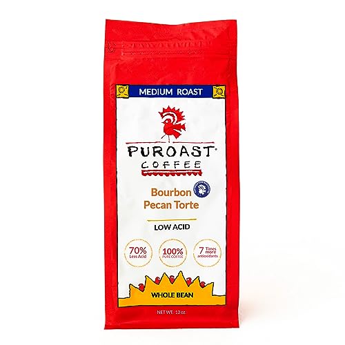 Puroast Low Acid Coffee Whole Bean | Bourbon Pecan Torte Whole Bean | Medium Roast | High Antioxidants & High pH |No Bitter Aftertaste | Reduced Heartburn & GERD | Suitable for Cold Brew - 12 oz