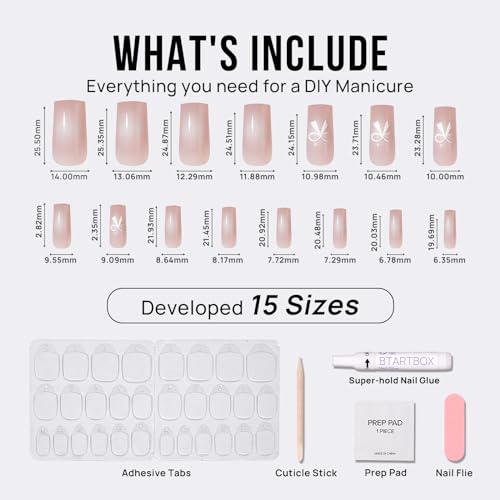 BTArtbox Press On Nails Long - Pink Press On Nails with Ombre Center, Cute Bowknot Design Fake Nails with Nail Glue, Fit Perfectly & Natural Reusable Stick On Nails in 15 Sizes, Bowknot