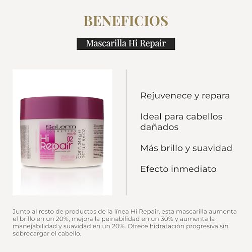 Salerm - Repairing Hair Mask - Hi Repair Mask 02-250 ml - Deep Hydration for Damaged Hair - Repairs and Rejuvenates - Shinier and Softer Hair - Immediate Effect