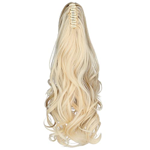FELENDY Ponytail Extension Claw 18" 20" Curly Wavy Straight Clip in Hairpiece One Piece A Jaw Long Pony Tails for Women Ash Blonde Mix Light Bleach Blonde