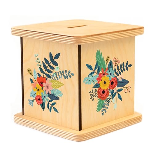 Wooden Piggy Bank for Kids and Adults, Personalized Gift Handmade in USA by BloomOwl, Custom Piggy Bank, Personalized Banks for Kids, Gifts for Baby Boys and Girls (Floral- Botanical)