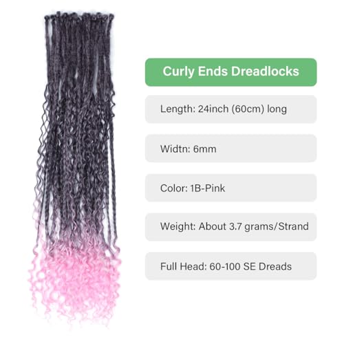 Single Dreadlock Extensions,24 Inch 30Stands Natural Black to Pink Dreads Set Synthetic Boho Braids Curly Hippie Style Dreads Handmade Dreads(24Inch Boho-30Stands,1B/Pink）